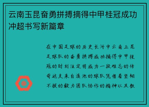 云南玉昆奋勇拼搏摘得中甲桂冠成功冲超书写新篇章